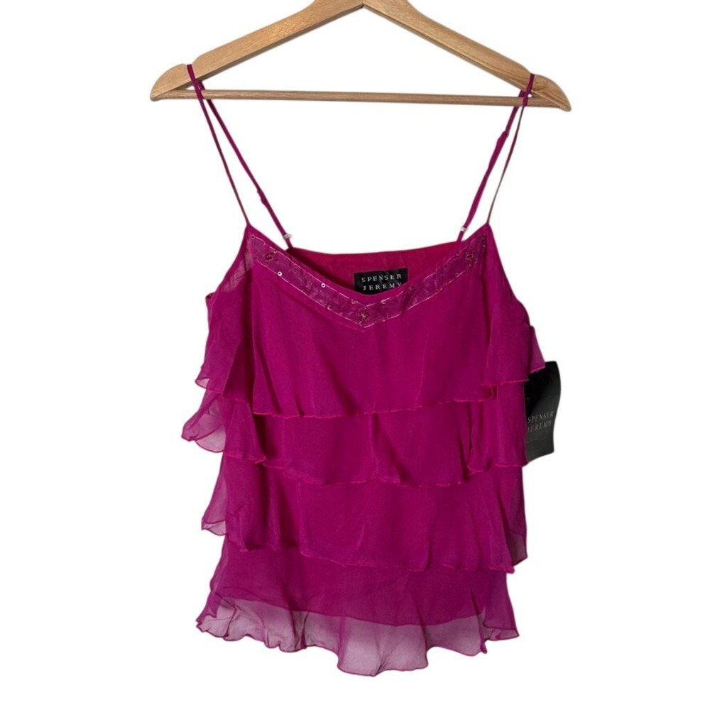 Vintage Y2K Pink 100% Silk Ruffle Tiered Beaded Top Small Spenser Jeremy NWT